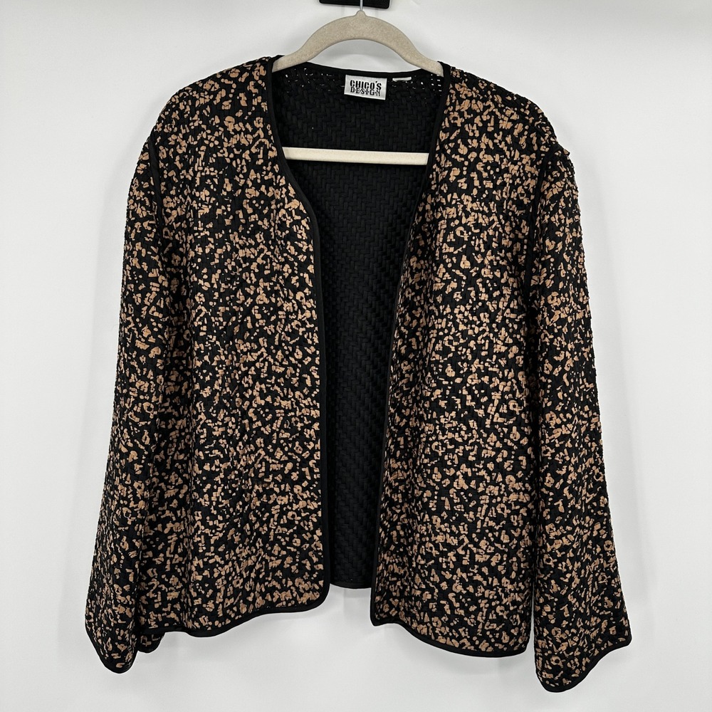 Chicos Design Black Tan Textured‎ Open Front Collarless Jacket Women's
